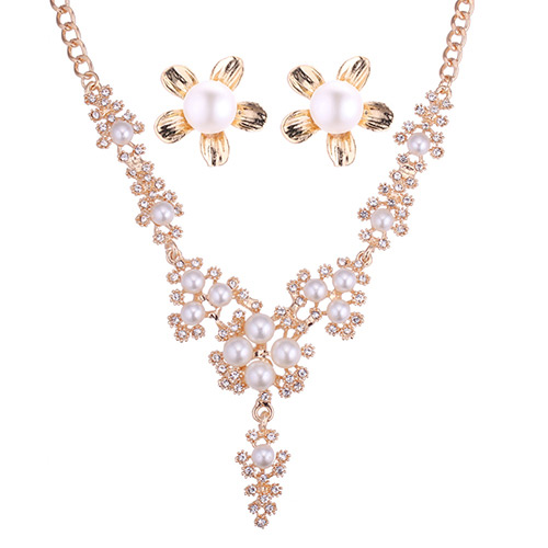 Fashion Rose Gold Pearls&diamond Decorated Jewelry Sets