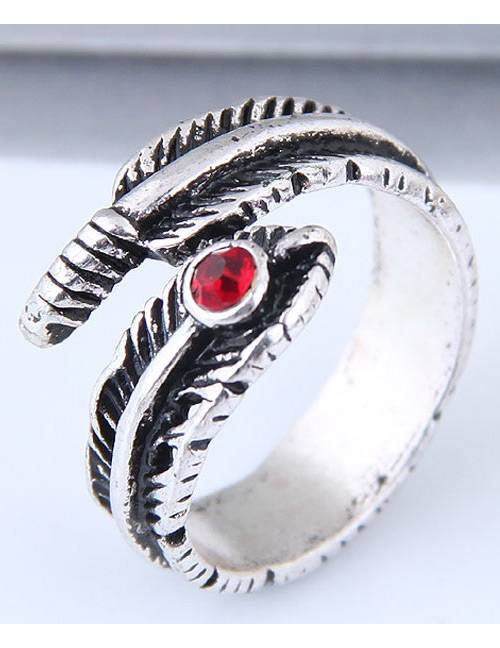 Vintage Red+antique Silver Leaf Shape Decorated Ring