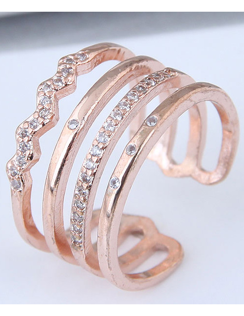 Fashion Rose Gold Diamond Decorated Multi-layer Opening Ring