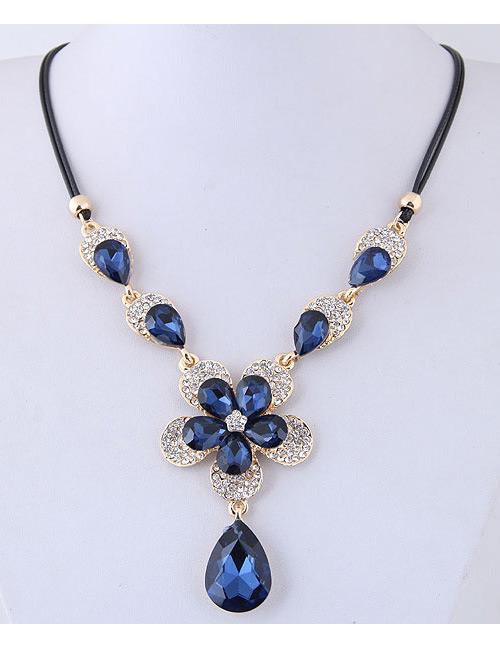 Fashion Blue Waterdrop Shape Design Flower Necklace