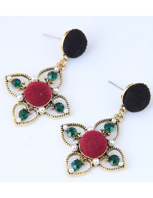 Sweet Red+black Clover Shape Decorated Pom Earrings