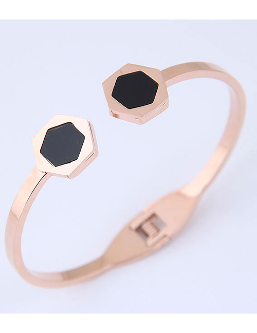 Elegant Rose Gold+black Polygon Shape Decorated Opening Bracelet