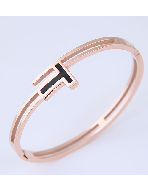 Elegant Rose Gold+black T Shape Design Double Layer Bracelet