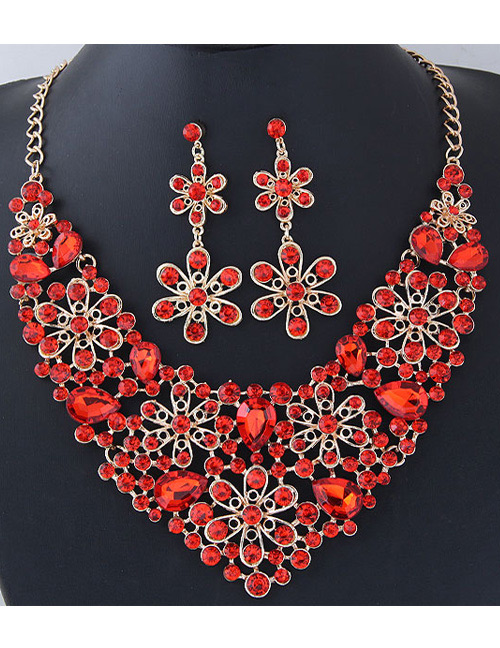 Fashion Red Full Diamond Decorated Flower Shape Jewelry Sets