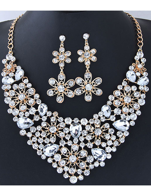 Fashion White Full Diamond Decorated Flower Shape Jewelry Sets