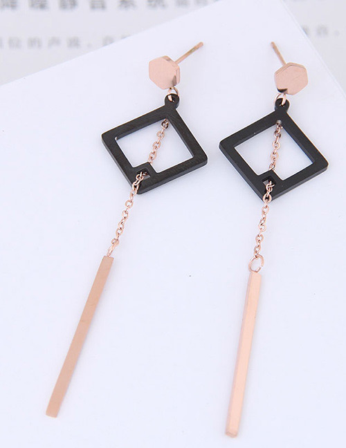 Fashion Rose Gold +black Square Shape Decorated Tassel Earrings