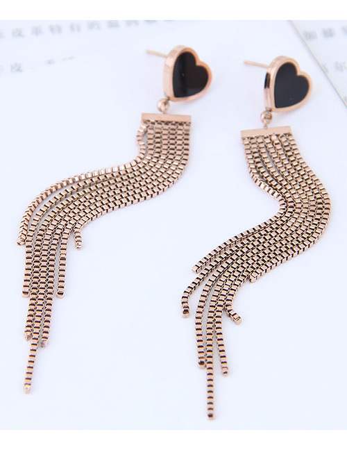 Fashion Black+rose Gold Heart Shape Decorated Tassel Earrings