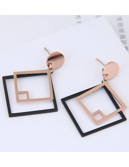 Fashion Rose Gold+black Square Shape Decorated Earrings