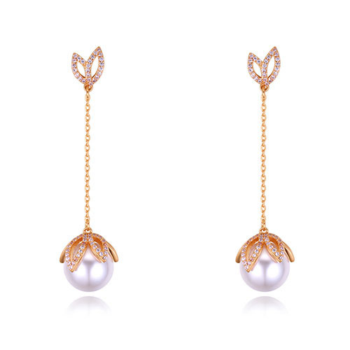 Fashion Champagne Pearls&diamond Decorated Long Earrings