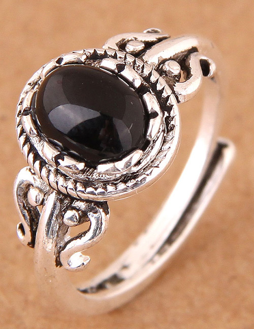 Fashion Silver Color+black Oval Shape Decorated Opening Ring