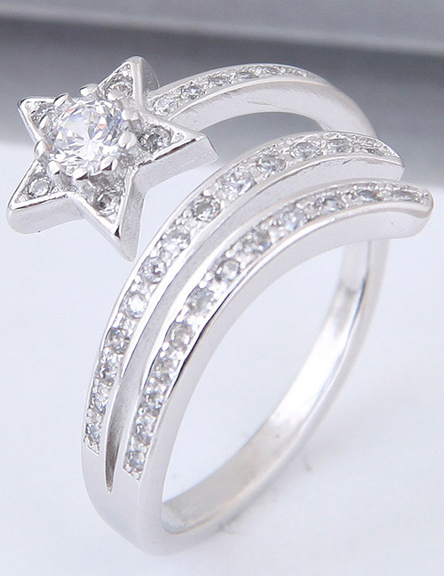 Fashion Silver Color Full Diamond Decorated Star Shape Opening Ring
