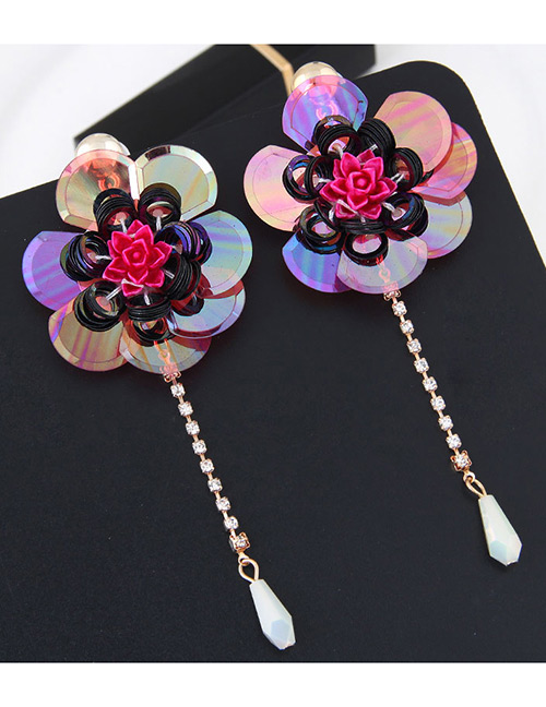 Fashion Plum Red Flower Shpe Decorated Paillette Earrings