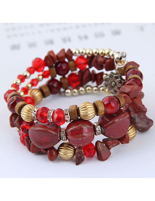 Elegant Red+yellow Beads Decorated Multi-layer Bracelet