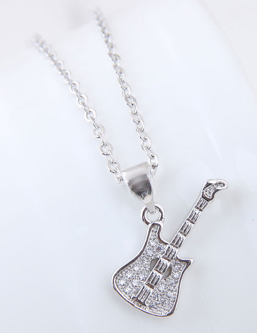 Elegant Silver Color Guitar Shape Pendant Decorated Necklace