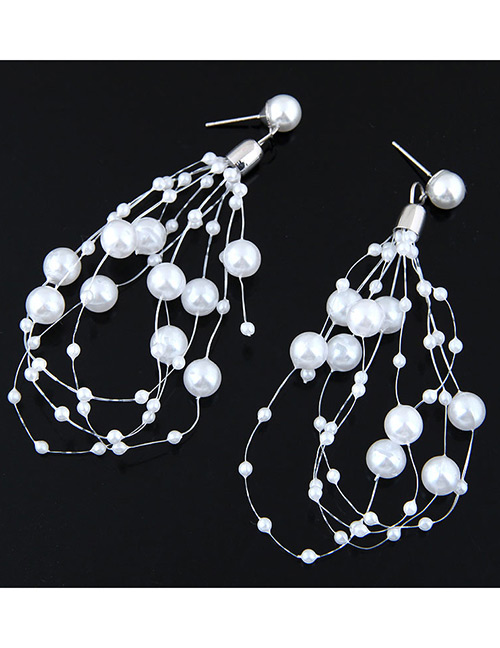 Elegant Silver Color Full Pearls Decorated Long Earrings