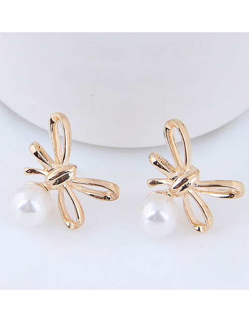 Elegant White+gold Color Bowknot&pearls Decorated Earrings