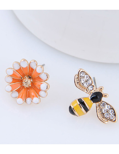 Elegant Yellow+orange Bee&flower Decorated Asymmetric Earrings