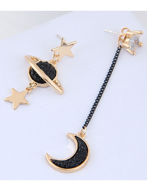 Elegant Gold Color+black Moon&star Shape Decorated Long Earrings