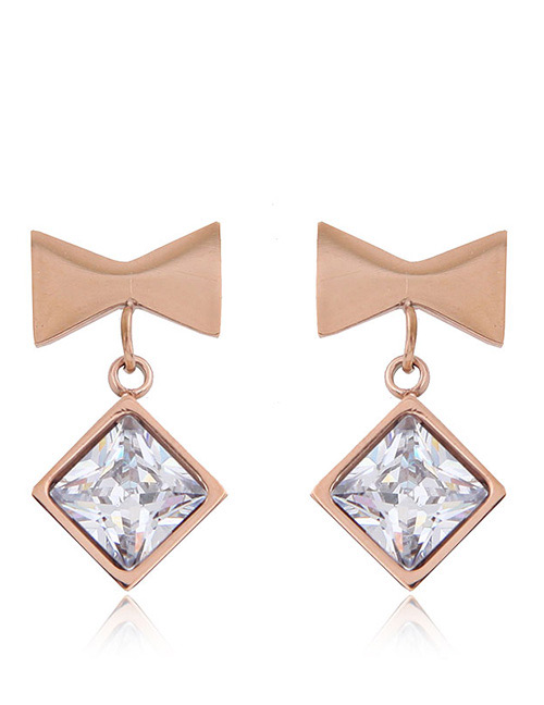 Fashion Rose Gold+sapphire Blue Bowknot Shape Decorated Earrings