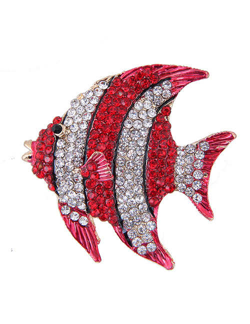 Fashion Red+white Full Diamond Design Fish Shape Brooch