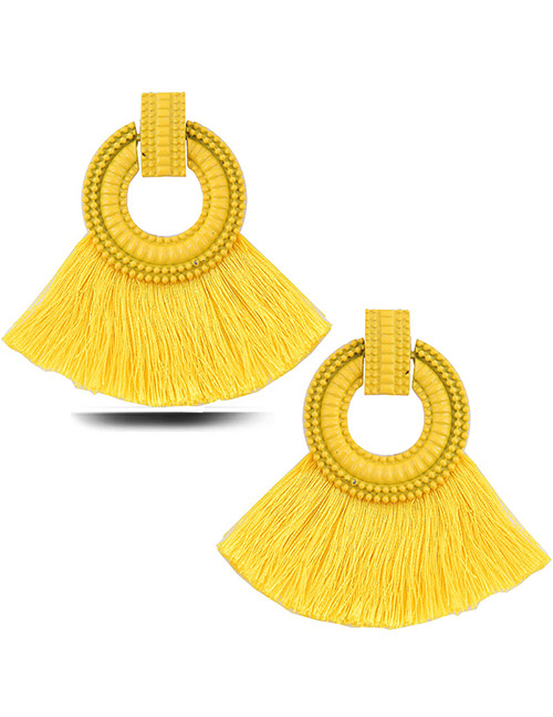 Elegant Yellow Circular Ring Decorated Tassel Earrings
