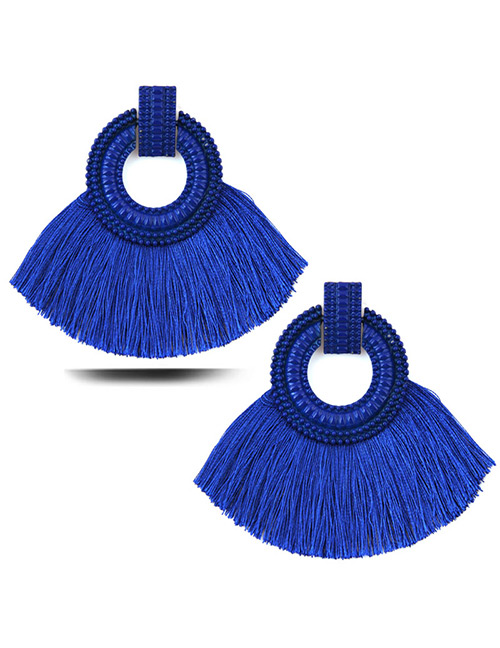 Elegant Sapphire Blue Circular Ring Decorated Tassel Earrings
