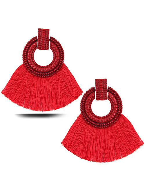 Elegant Red Circular Ring Decorated Tassel Earrings
