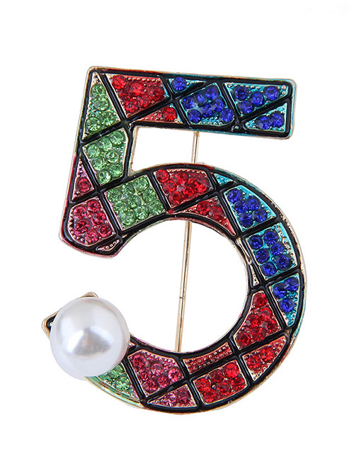 Elegant Multi-color Pearl&diamond Decorated 5 Shape Brooch