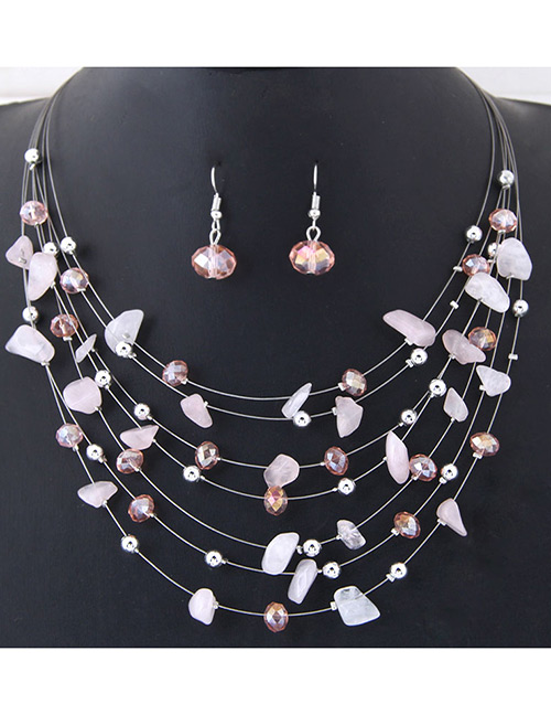 Fashoin Pink Bead Decorated Multi-layer Jewelry Set