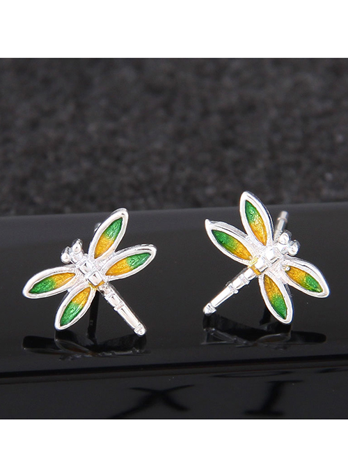 Fashion Yellow+green Dragonfly Shape Decorated Earrings