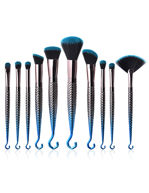 Fashion Blue+black Sector Shape Decorated Makeup Brush (10 Pcs)