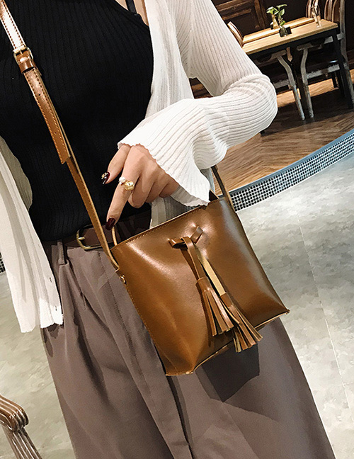Fashion Light Brown Tassel Decorated Shoulder Bag