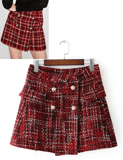 Fashion Red Grid Pattern Decorated Simple Skirt