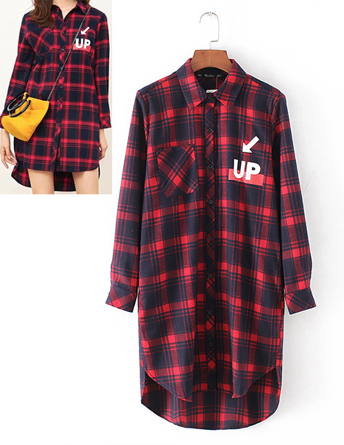 Fashion Red Grid Pattern Decorated Long Sleeves Coat