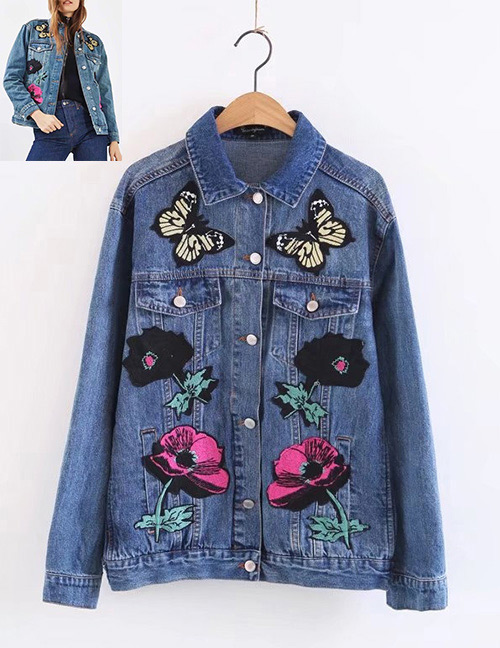 Fashion Blue Butterfly&flower Decorated Coat