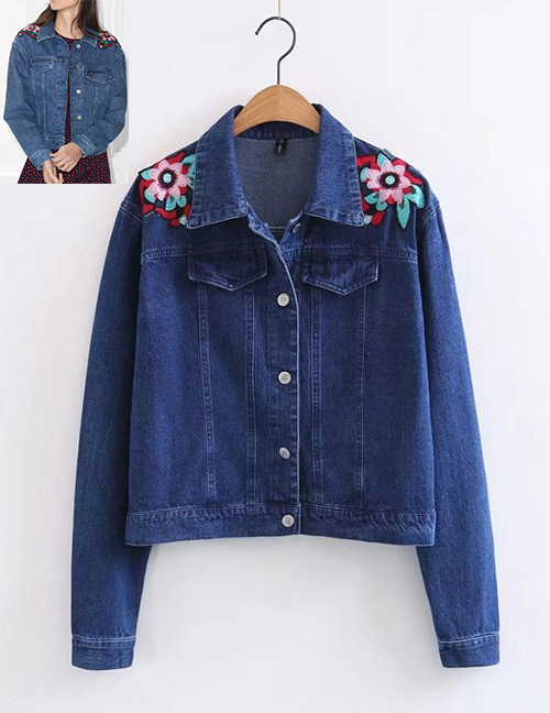 Fashion Blue Embroidery Flower Design Simple Coat