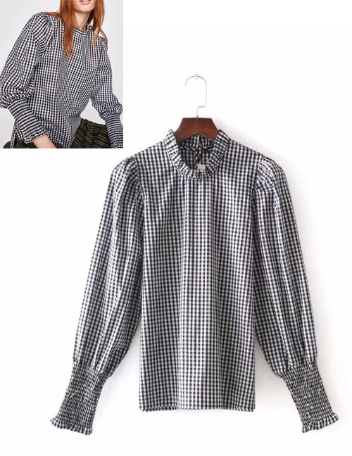 Fashion White+black Grid Pattern Decorated Long Sleeves Blouse