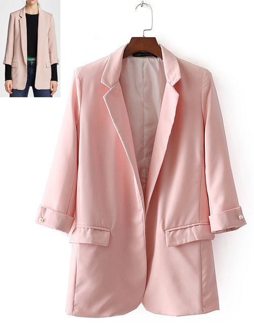 Fashion Pink Pure Color Decorated Long Coat