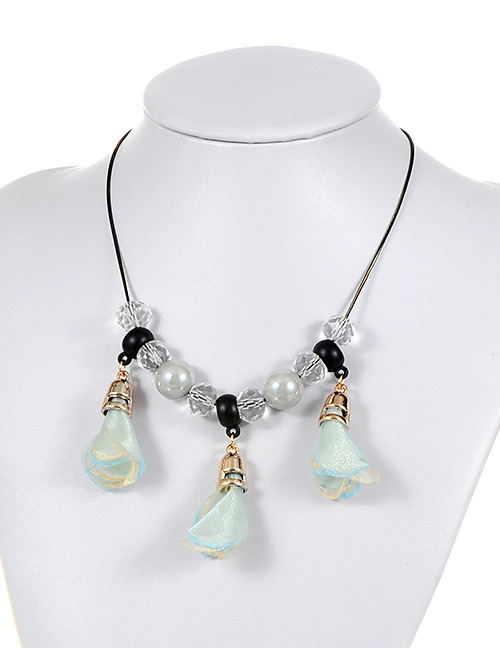 Fashion Light Blue Pearls&flowers Decorated Simple Necklace