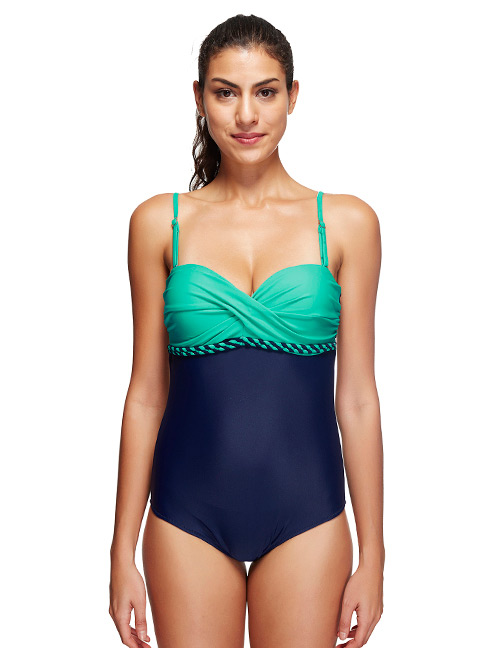 Sexy Green+navy Color Matching Design Suspender Swimwear