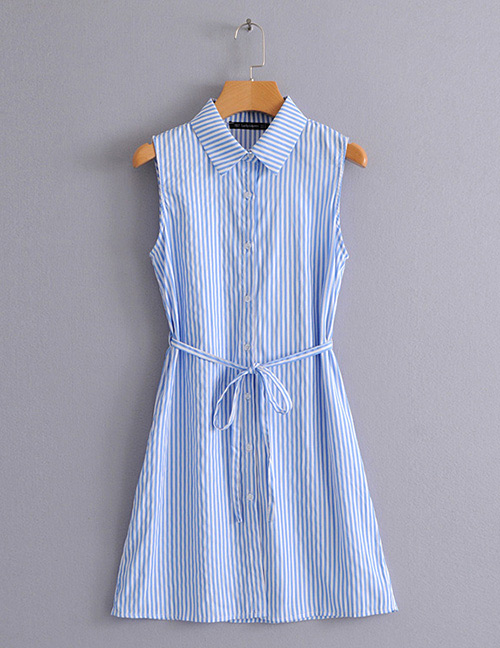 Fashion Blue+white Stripe Shape Pattern Decorated Dress
