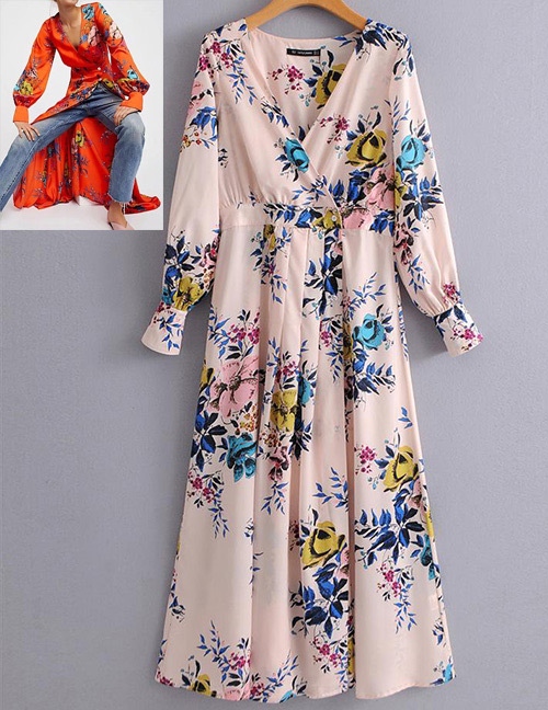 Fashion Pink Flower Pattern Decorated Long Sleeves Dress