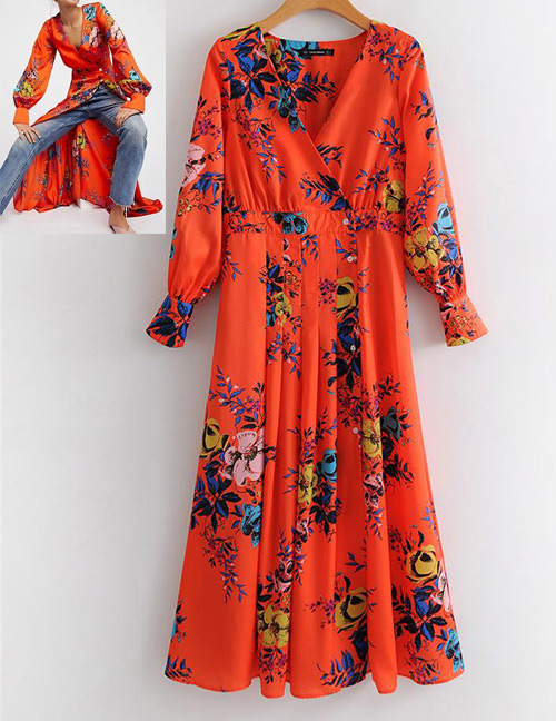Fashion Orange Flower Pattern Decorated Long Sleeves Dress