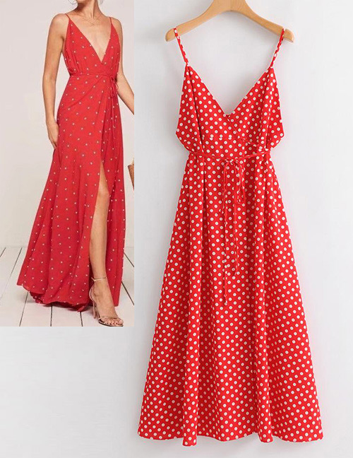 Fashion Red Dots Shape Pattern Design V Neckline Dress