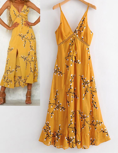 Fashion Yellow Flower Shape Pattern Design V Neckline Dress