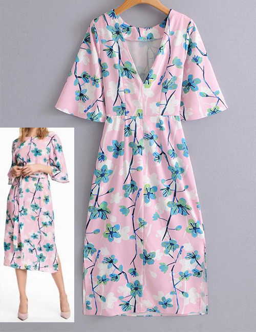 Fashion Pink Flower Pattern Decorated Dress