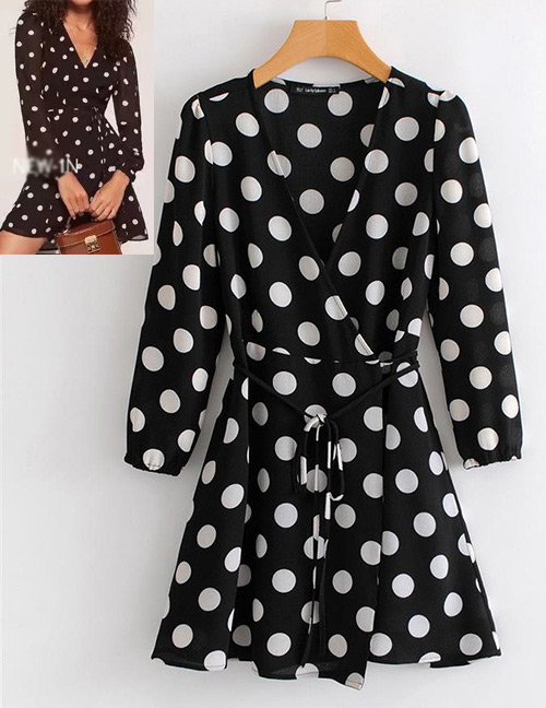 Fashion Black Dots Shape Pattern Decorated V Neckline Dress