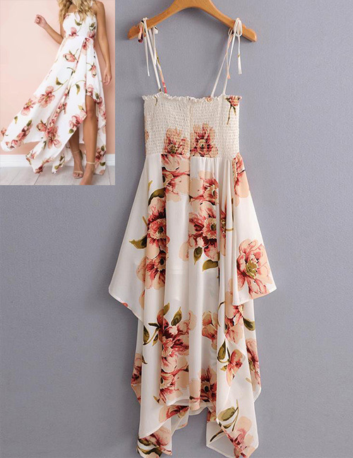 Fashion White Flower Pattern Decorated Suspender Dress
