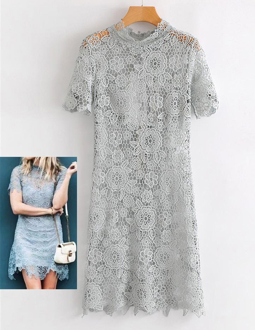 Fashion Gray Hollow Out Design Pure Color Dress