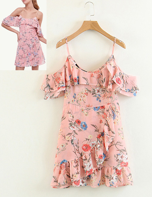 Fashion Pink Flower Shape Pattern Suspender Dress
